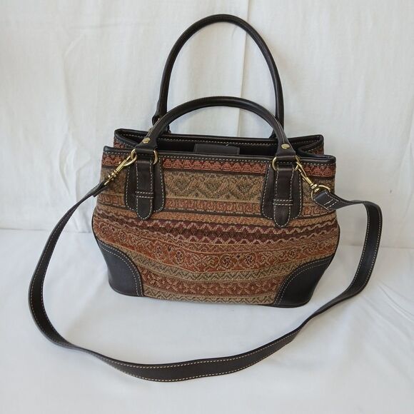 Relic By Fossil Woman’s Purse Brown Carpet Bag Leather Zippered Handles Straps - Picture 2 of 9